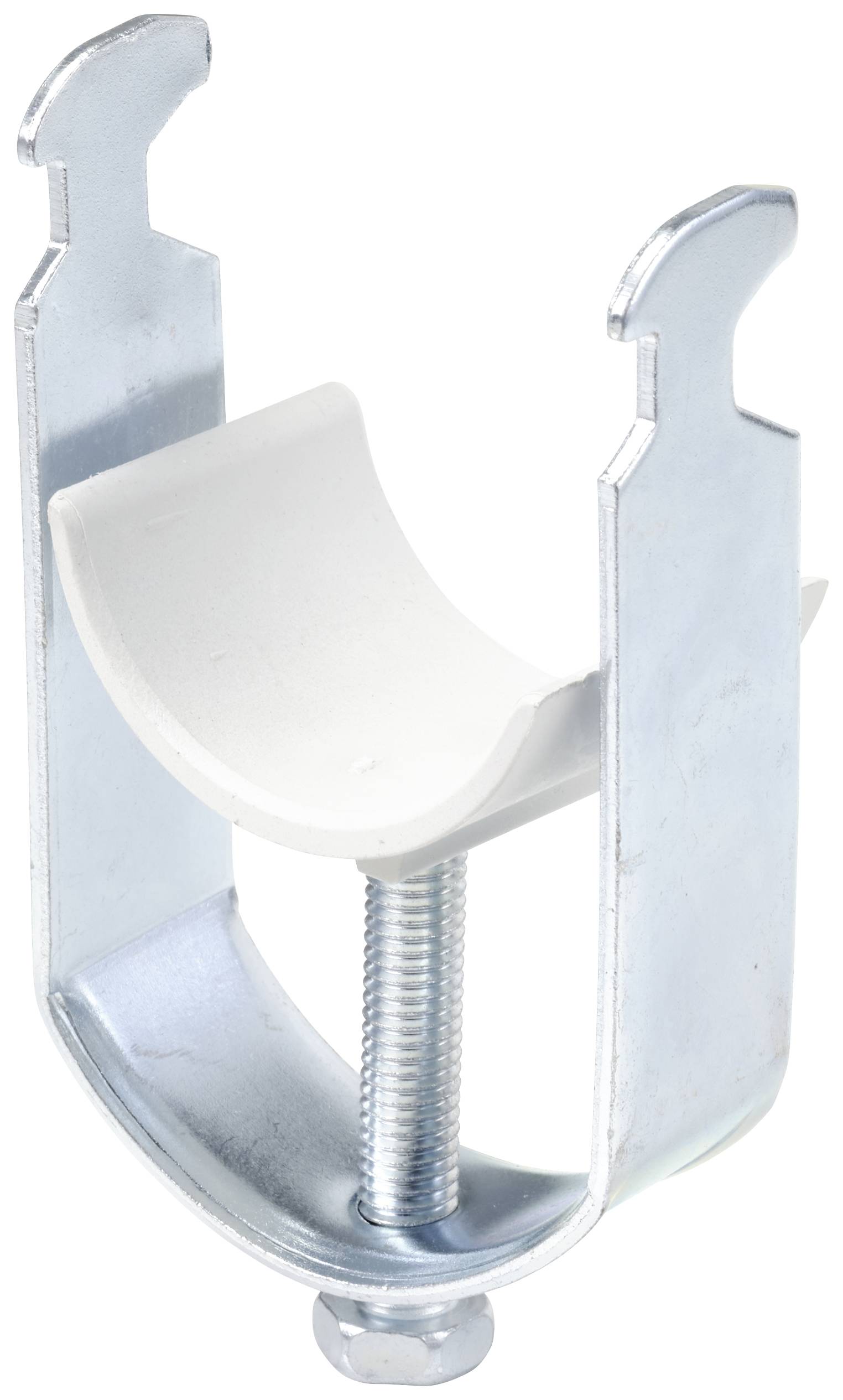 Metal pipe clamp with plastic inner lining, central screw for fastening. Used for securely attaching pipes.