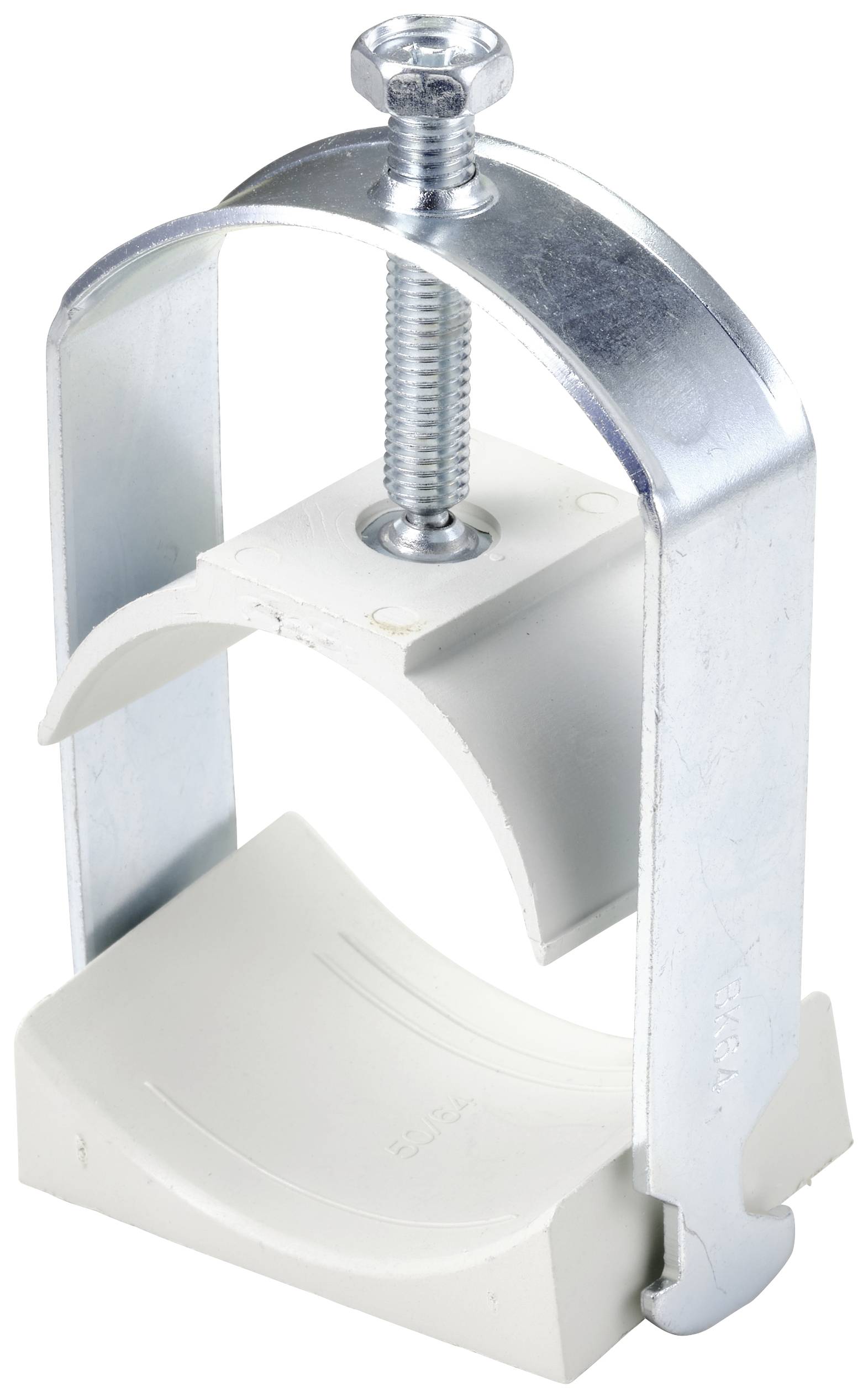 Metal pipe clip with plastic base and screw, used for securing pipes to walls or ceilings.