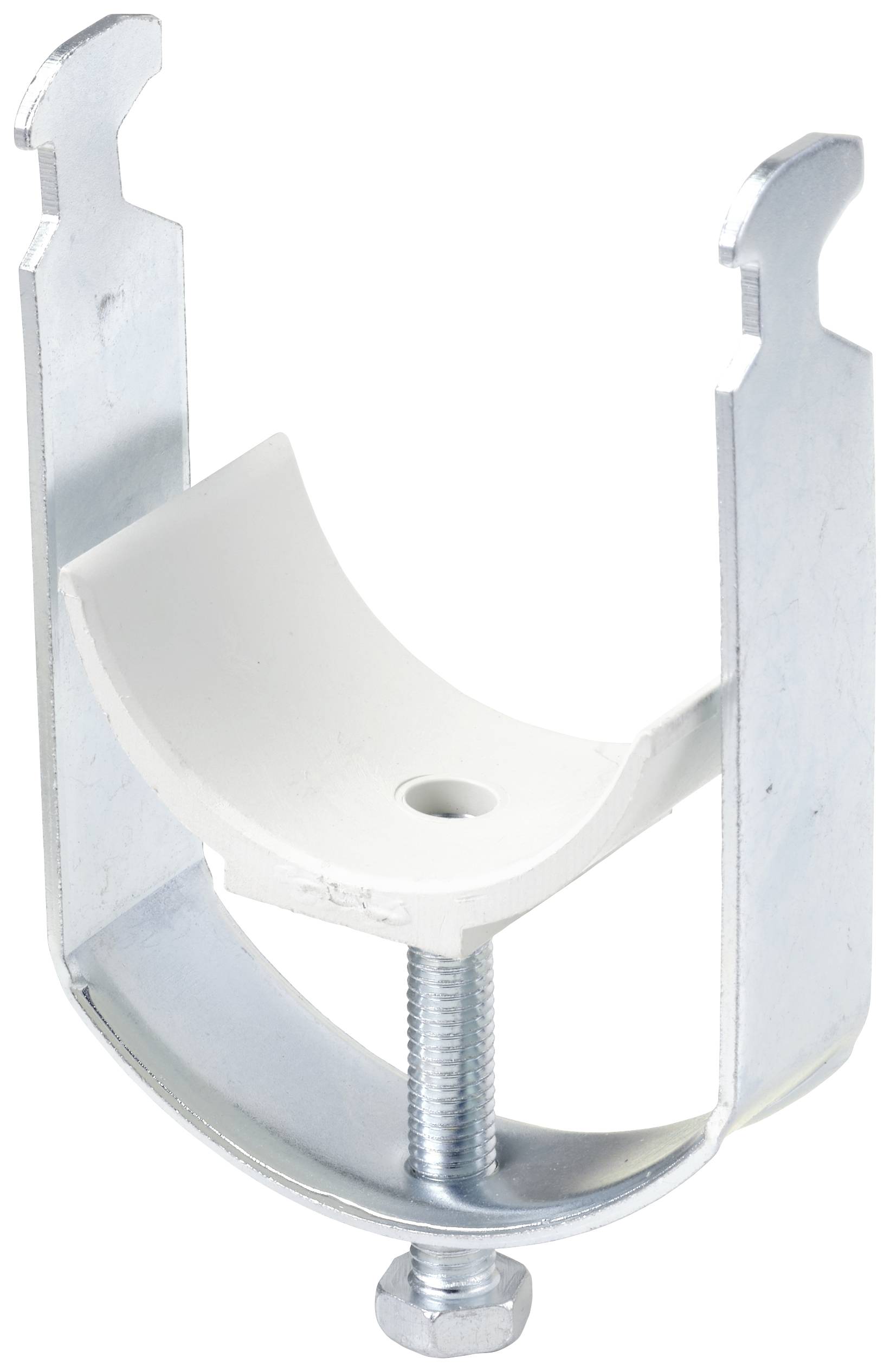 Metal bracket with white plastic component and screw, suitable for mounting pipes or cables on walls or ceilings.