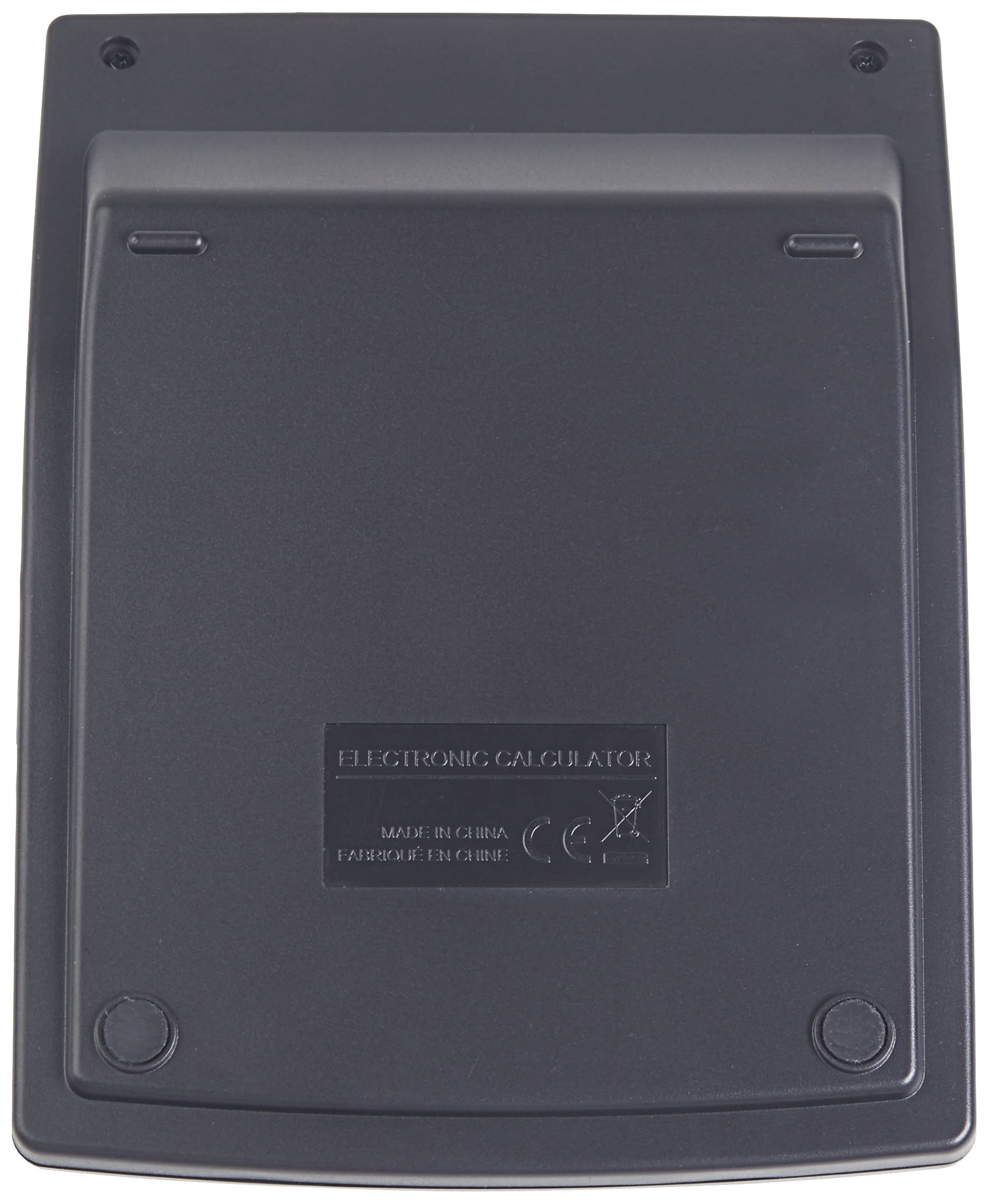 Back of a plastic electronic pocket calculator with manufacturer information and CE marking.