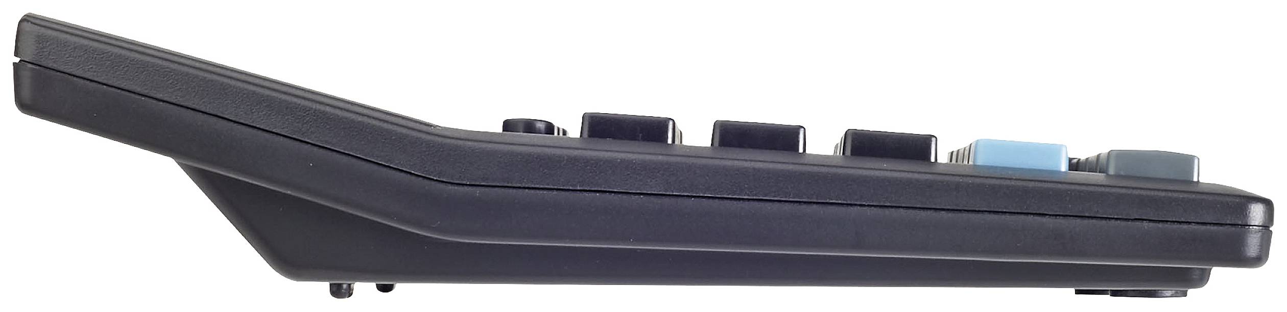 Side view of a remote control with multiple buttons of different colours on the upper surface.