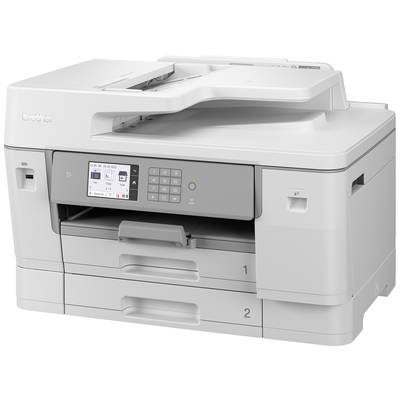 Multifunction printer with display and control panel on the front. Two paper trays are visible. Device is grey.