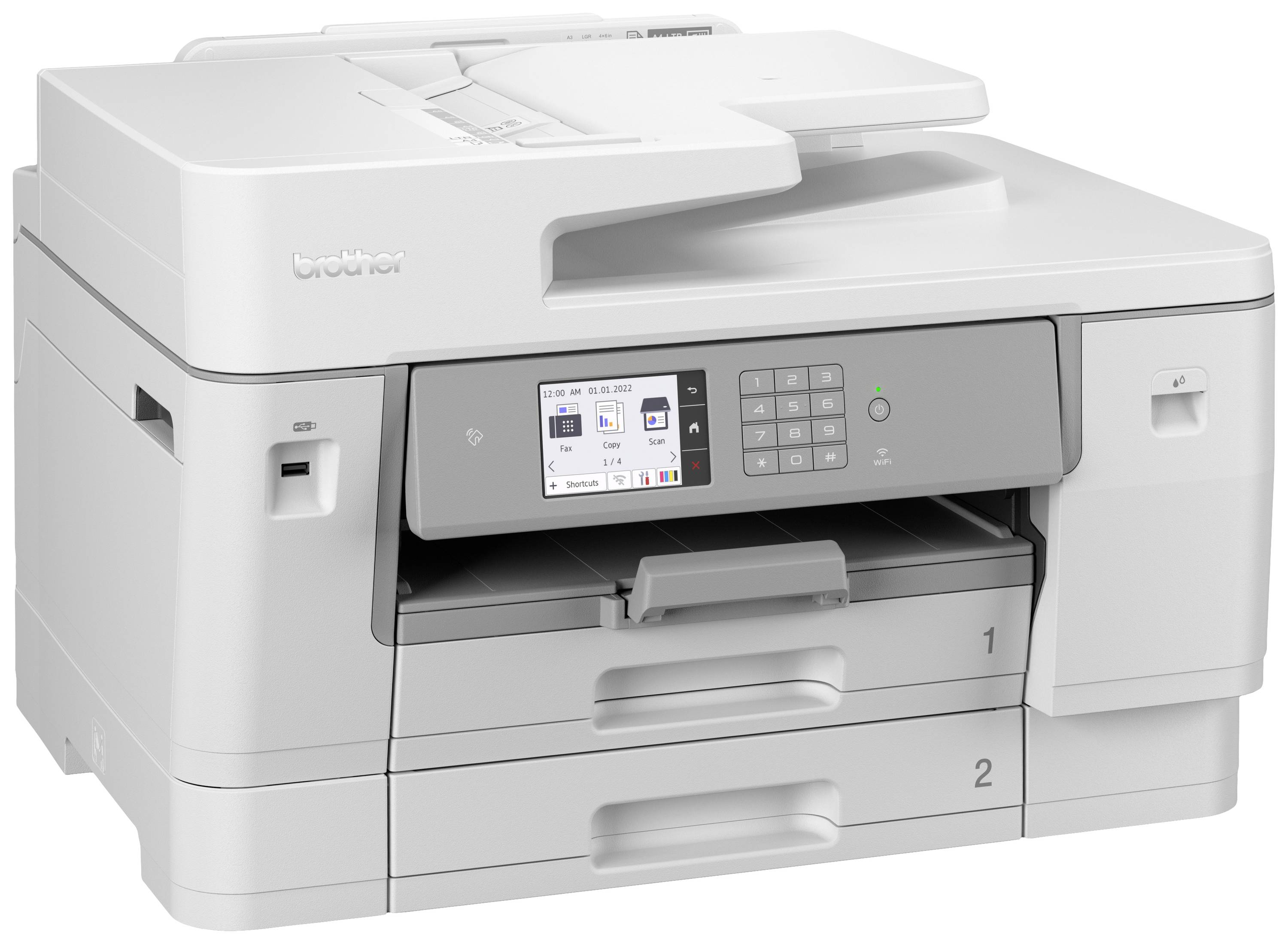 A grey multifunction printer with a touchscreen display and two paper trays, suitable for office printing tasks.