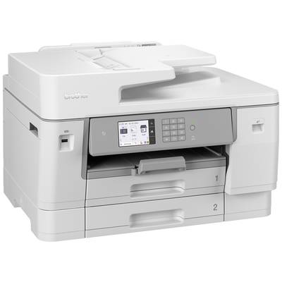 A grey multifunction printer with a touchscreen display and two paper trays, suitable for office printing tasks.