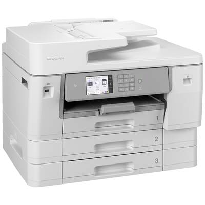 A white multifunction printer with three paper trays and a touchscreen control panel, suitable for office applications.