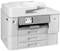 A white multifunction printer with three paper trays and a touchscreen control panel, suitable for office applications.