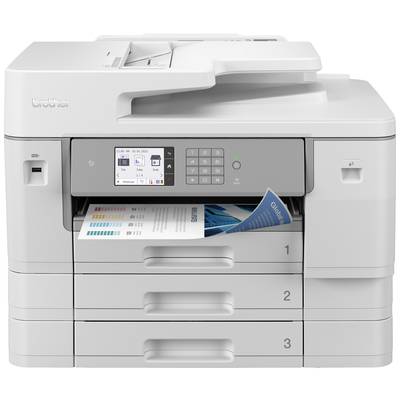 Multifunction printer with document output to one of three paper trays. Digital display shows printing status information.