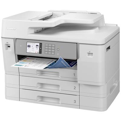 A grey printer with three paper trays, a display, and a keyboard, prints colour documents.