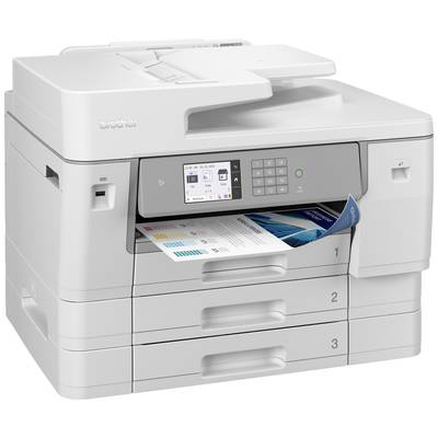 A white multifunction printer with a digital display. A printed document with graphics is being output from the output tray.