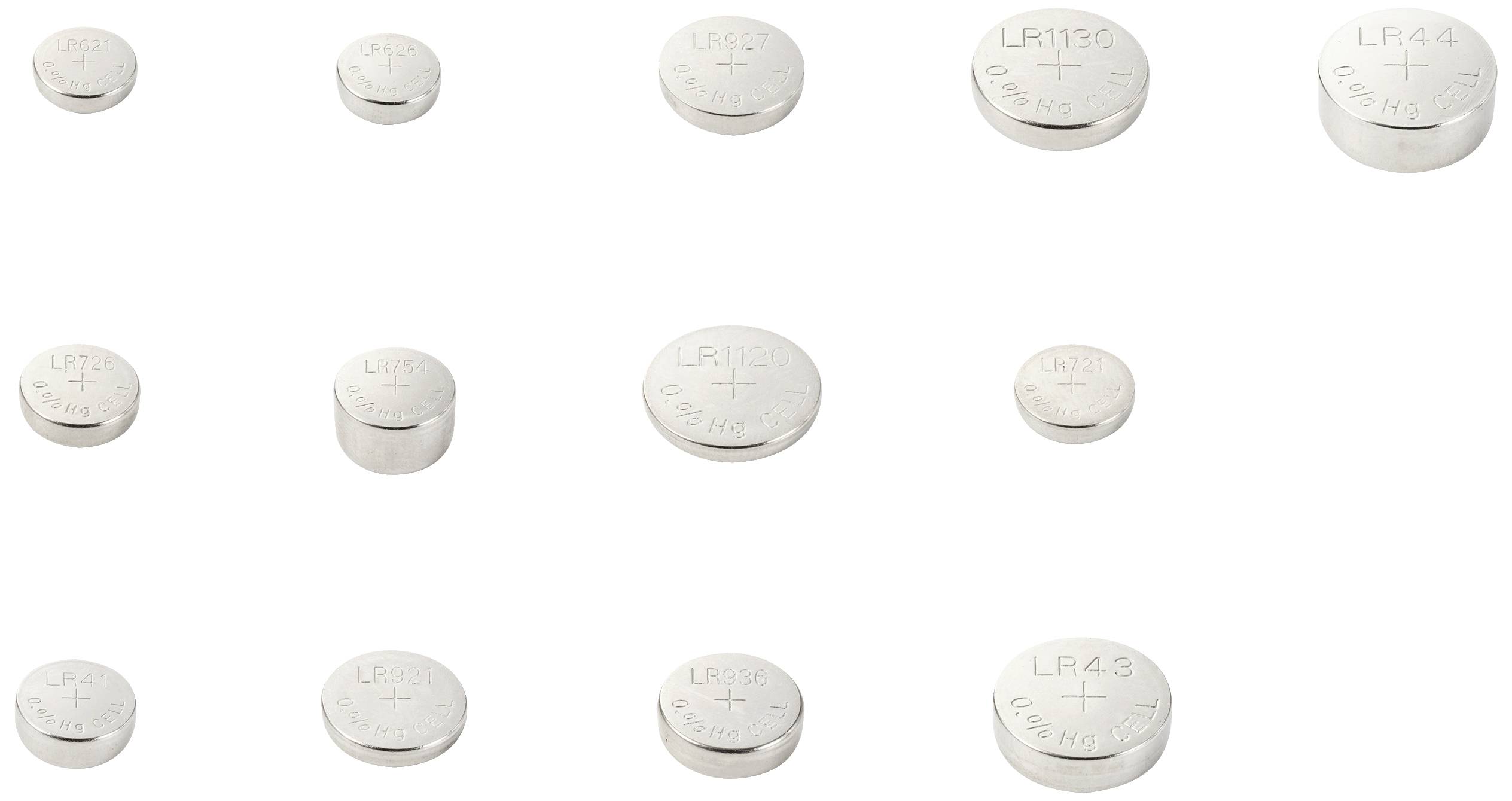 Various button cell batteries with markings such as LR44 and LR1130. They demonstrate different sizes and models for electronic devices.