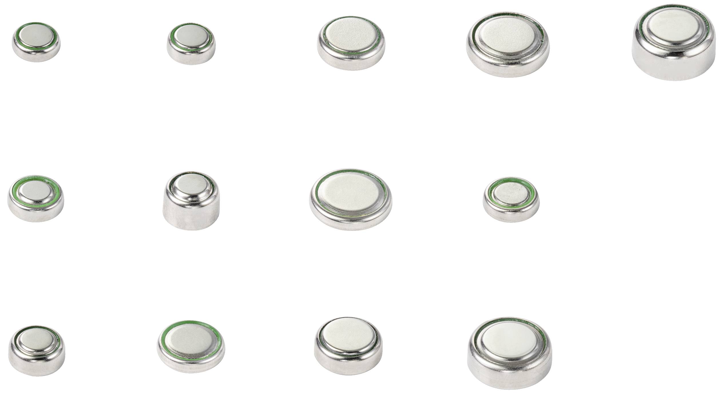 Various button cell batteries in different sizes on a white background, arranged in an orderly manner.