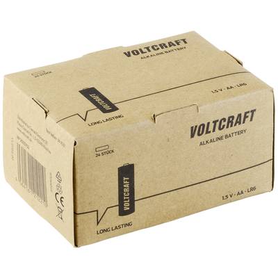 Cardboard packaging of Voltcraft Alkaline Batteries, 1.5V, Type AA-LR6, marked as long-lasting. Contains 24 pieces.