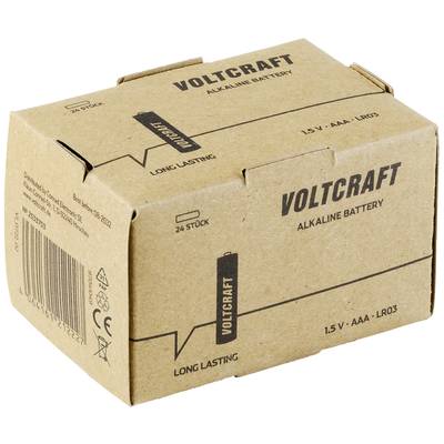 Box of 'Voltcraft' alkaline batteries, size AAA, 1.5V, 24 pieces; marketed as long-lasting.