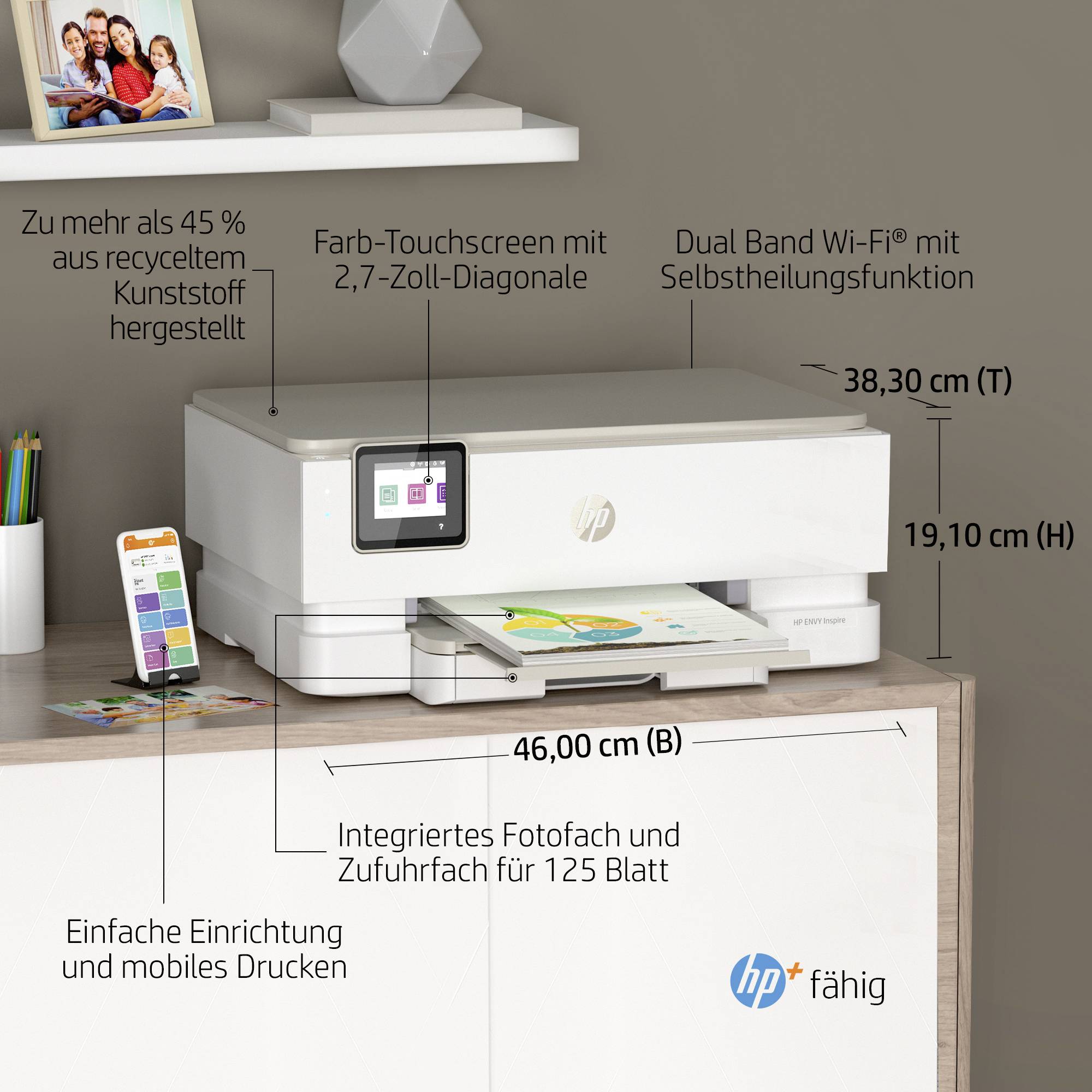 'Printer with 2.7-inch colour touchscreen, dual-band Wi-Fi, 125-sheet feeder, mobile and photo printing, made from recycled plastic.'