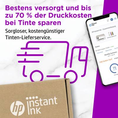 'Perfectly looked after and save up to 70% on printing costs' appears on a purple background. A delivery van symbol with the 'HP Instant Ink' logo is depicted.