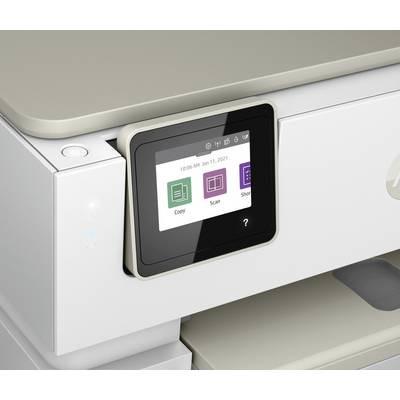 A modern printer with a touchscreen display, showing options such as 'Copy', 'Scan', and 'Settings'.