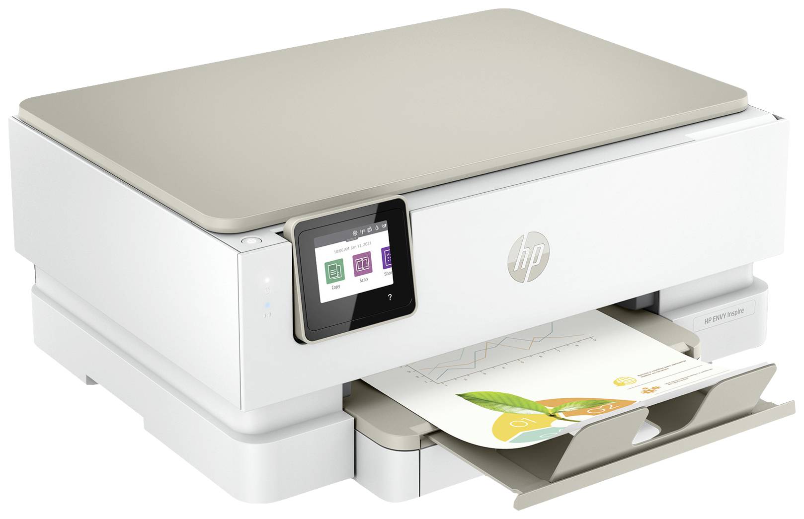 White printer with colour photo printing, small monitored screen displays print options.