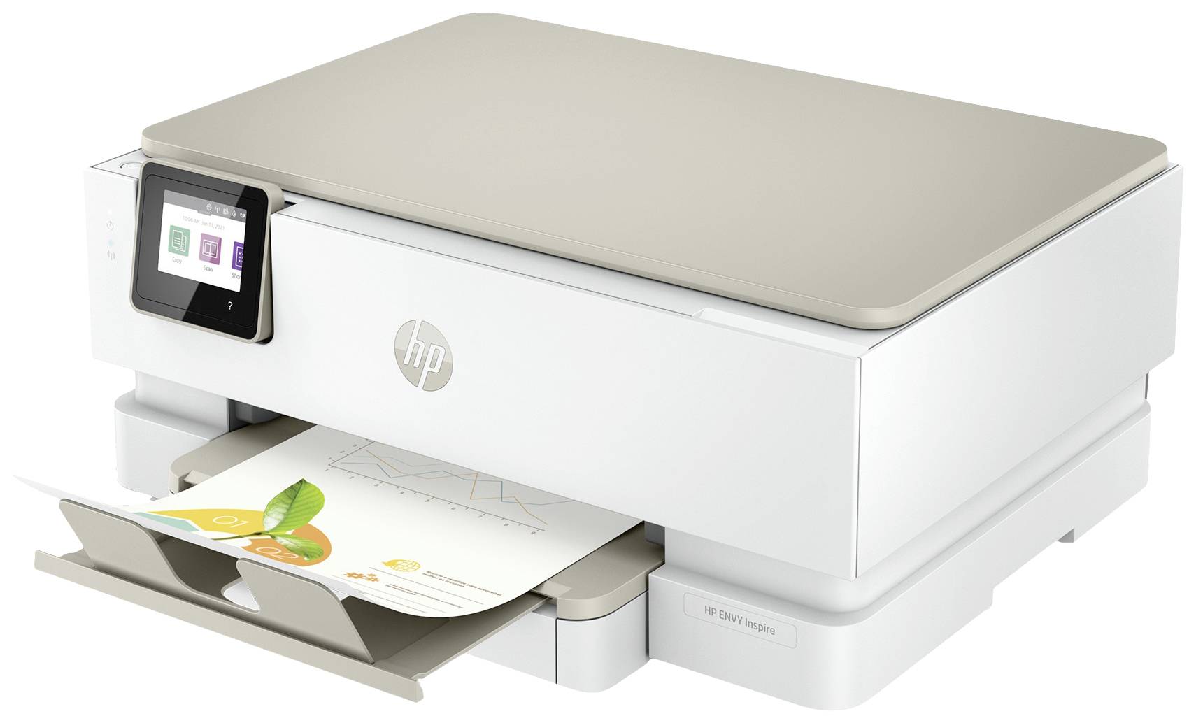 A white, modern printer with a small display, from which a printed sheet of paper with graphics is protruding.