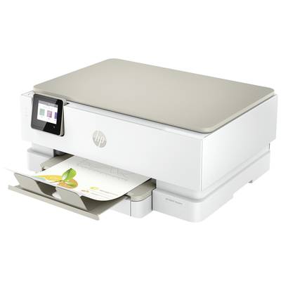 A white, modern printer with a small display, from which a printed sheet of paper with graphics is protruding.