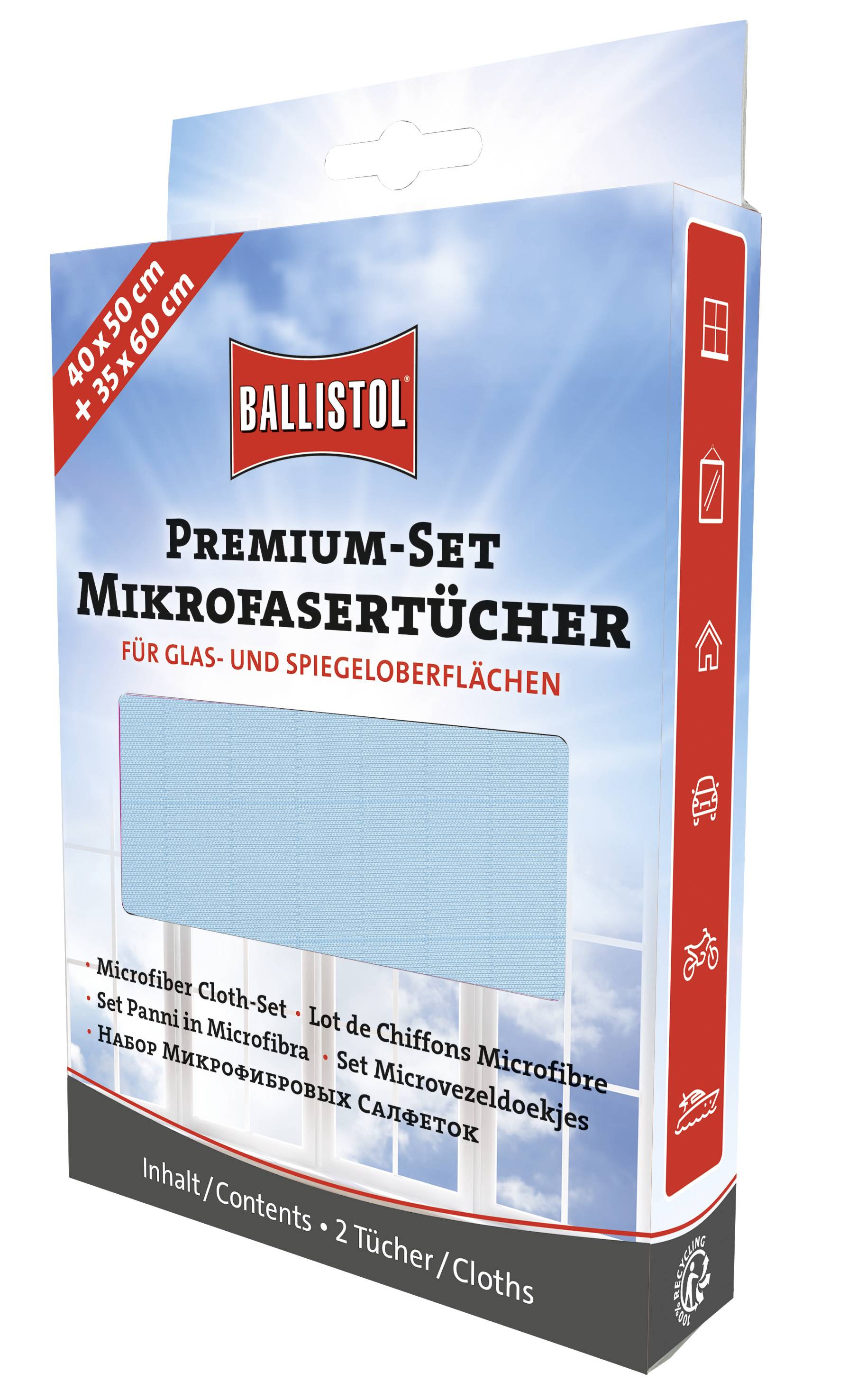 A pack containing a 'Premium Microfibre Cloths Set' for glass and mirror surfaces, size 40x50 cm and 35x60 cm, two cloths included.