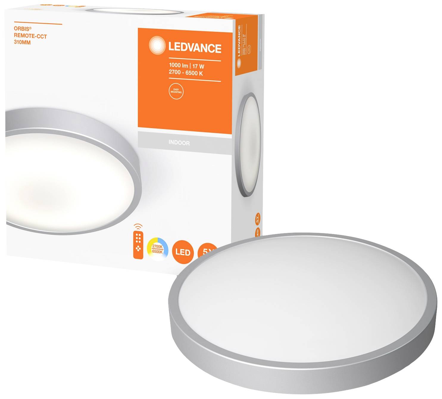 LED lamp in round shape, shown with packaging. Inscription: 'LEDVANCE', 1000 lumens, 17 W, 2700-6500 K, dimmable, remote control included.