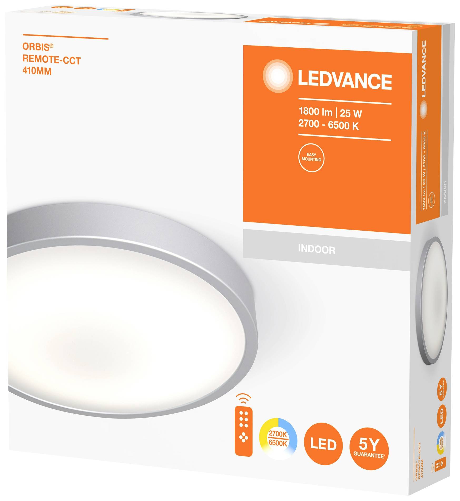 'LEDVANCE Orbis Remote-CCT 410MM' LED Ceiling Light pictured on packaging. 1800 lm, 25 W, 2700-6500 K, indoor, 5-year warranty.