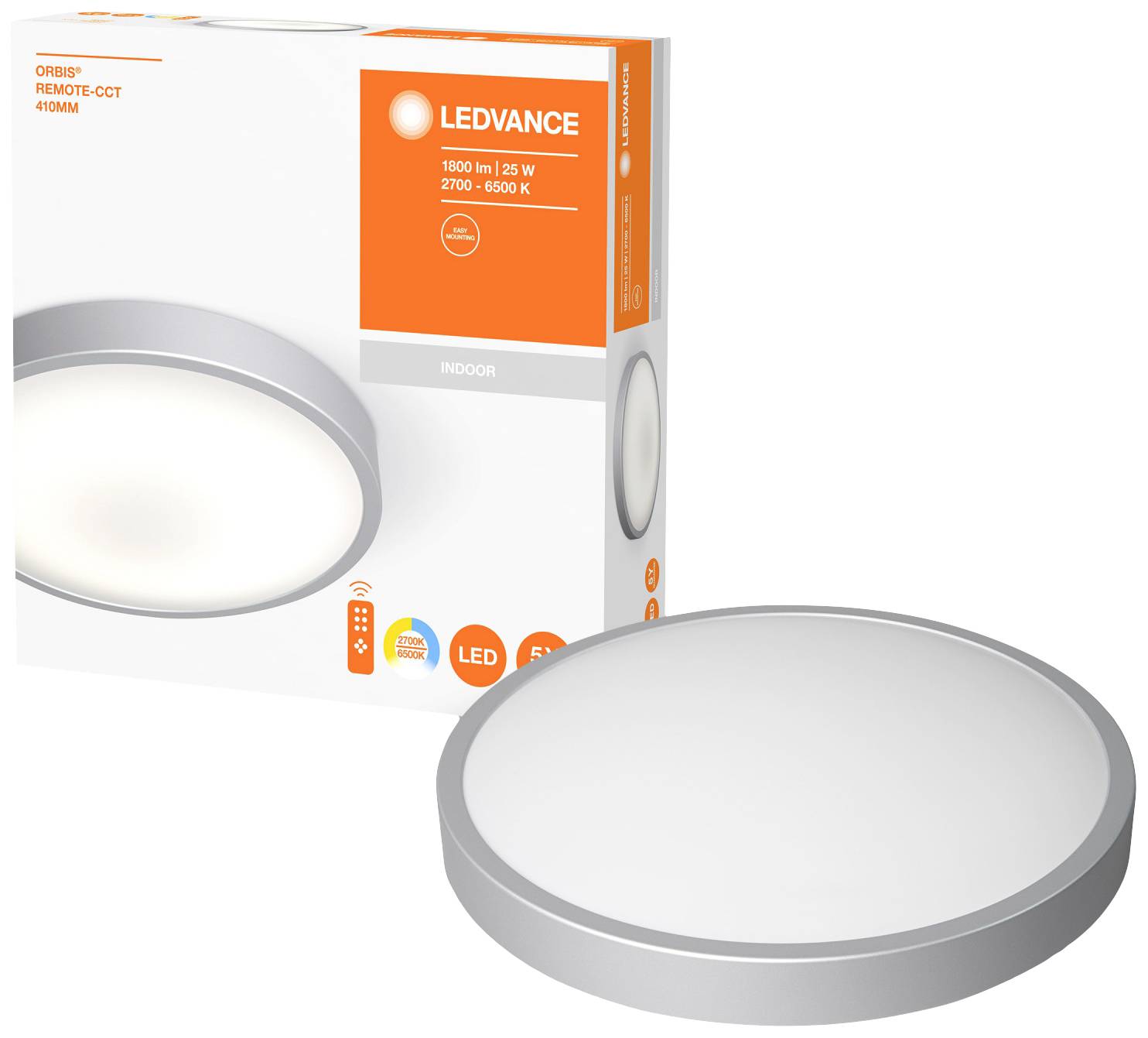 Round, white LED ceiling light by Ledvance with packaging included. The light is suitable for indoor use and features variable colour temperatures.