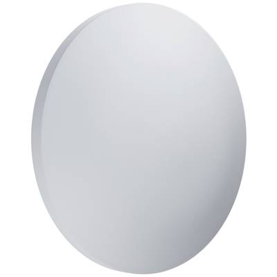 A round, plain, white sign with a smooth surface.
