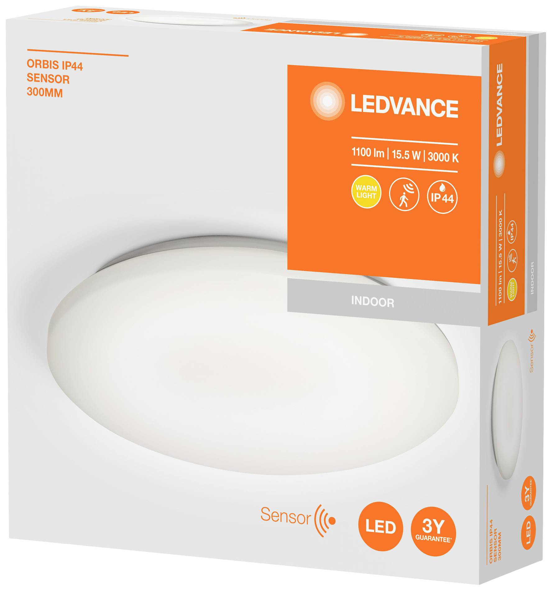 Packaging of an LED light by Ledvance with IP44 protection, 1100 lumens, 15.5 W, warm white light at 3000 K and 3-year warranty.