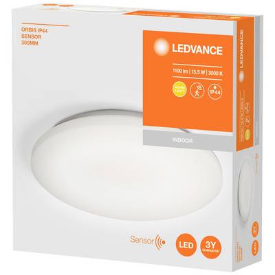 Packaging of an LED light by Ledvance with IP44 protection, 1100 lumens, 15.5 W, warm white light at 3000 K and 3-year warranty.