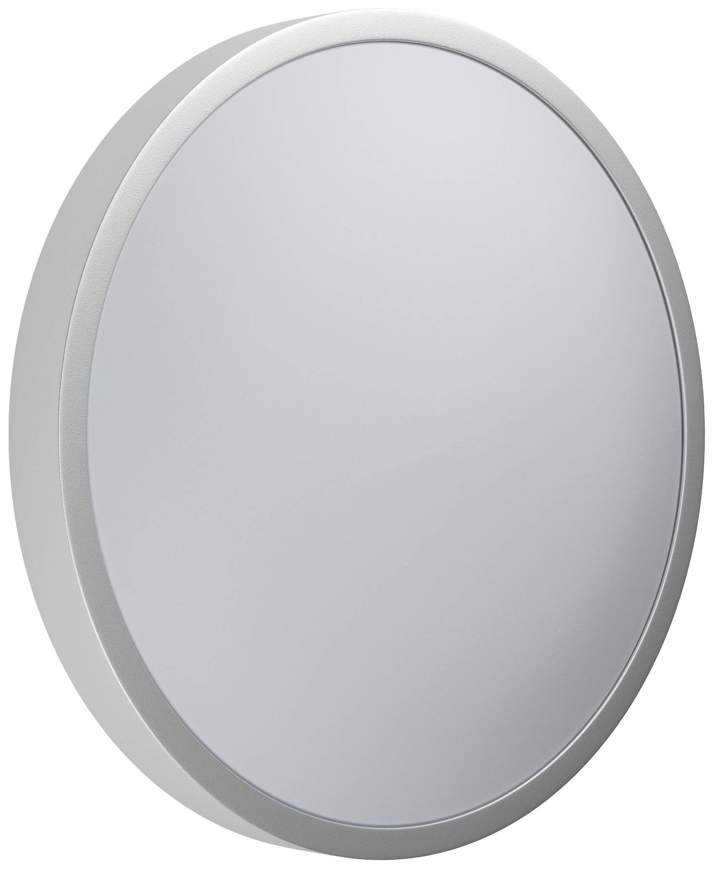 A round mirror with a silver frame, against a neutral background.