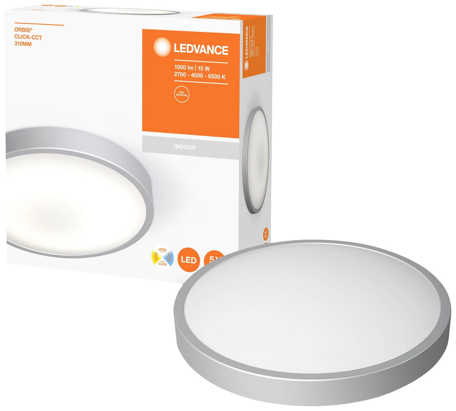 Round LED ceiling light next to its packaging with the 'LEDVANCE' label. Package details: 1000 lumens, 15 W, 2700-6500 K, LED, for indoor use.