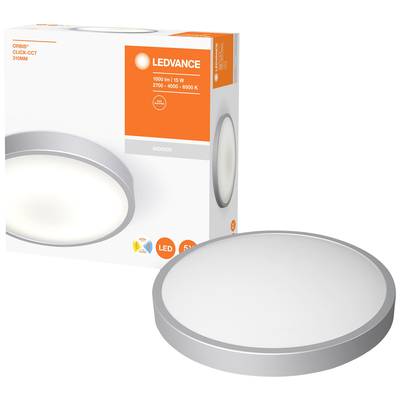 Round LED ceiling light next to its packaging with the 'LEDVANCE' label. Package details: 1000 lumens, 15 W, 2700-6500 K, LED, for indoor use.
