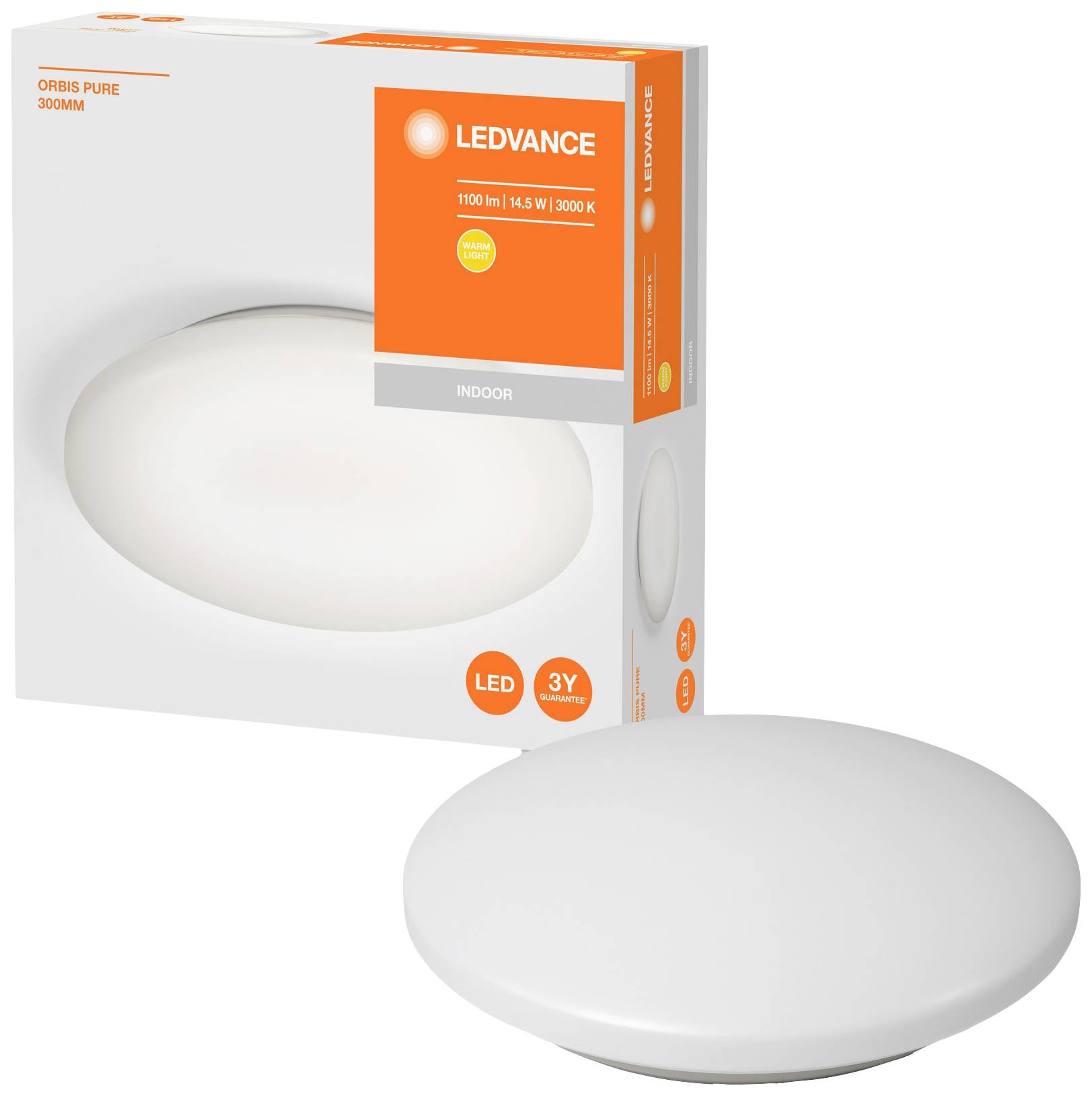 A LED ceiling light in a round shape, presented next to its packaging. The packaging displays 'Ledvance Orbis Pure 300mm', 1100 lm.