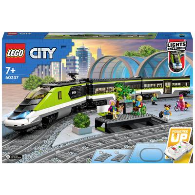 LEGO Train Set with Green and White High-Speed Train, Figures and Accessories. Suitable for Ages 7 and Up. 'Lights Included' highlighted.