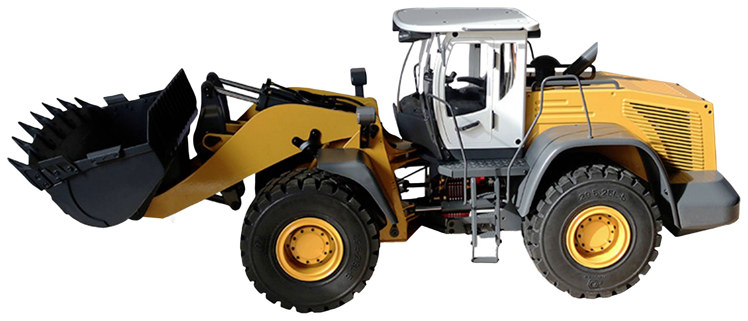 A yellow wheeled loader with a large bucket, photographed from the right side. The powerful tyres and enclosed driver's cab are clearly visible.