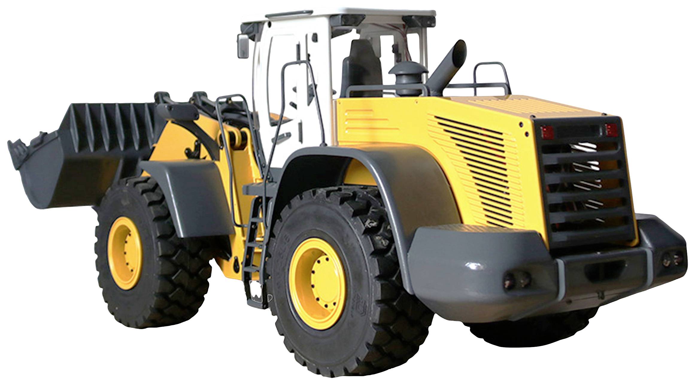 A yellow wheeled loader with a large bucket, robust tyres, and grey mudguards, viewed from the side.