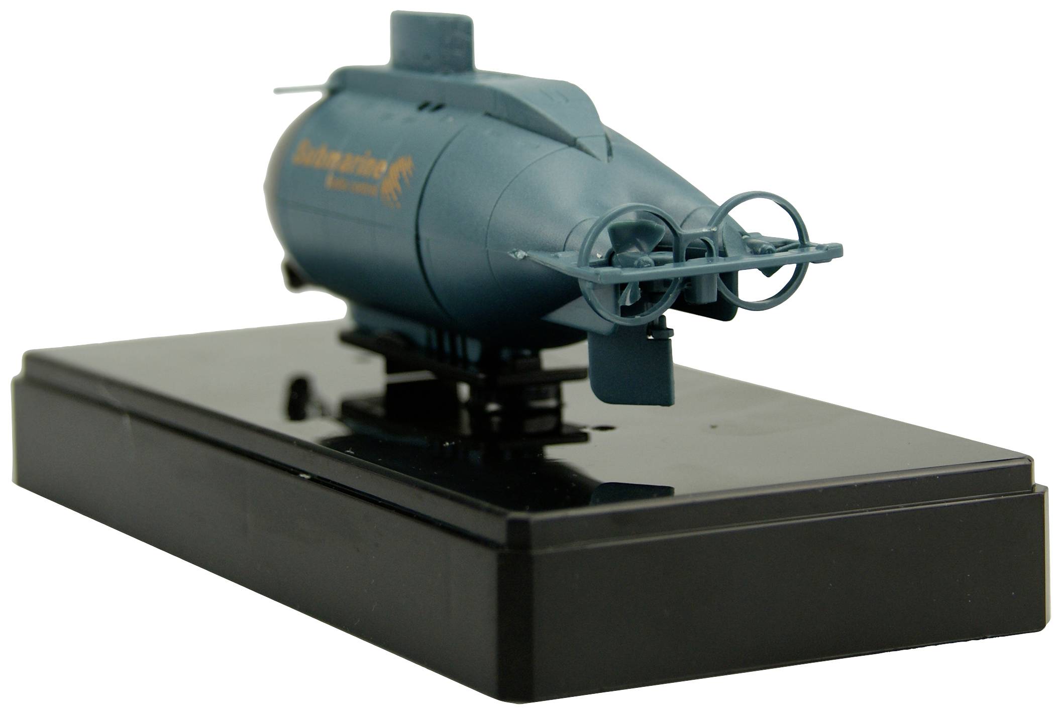 A small model of a blue submarine on a black stand. It displays fine details such as a propeller and rudder.