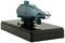 A small model of a blue submarine on a black stand. It displays fine details such as a propeller and rudder.