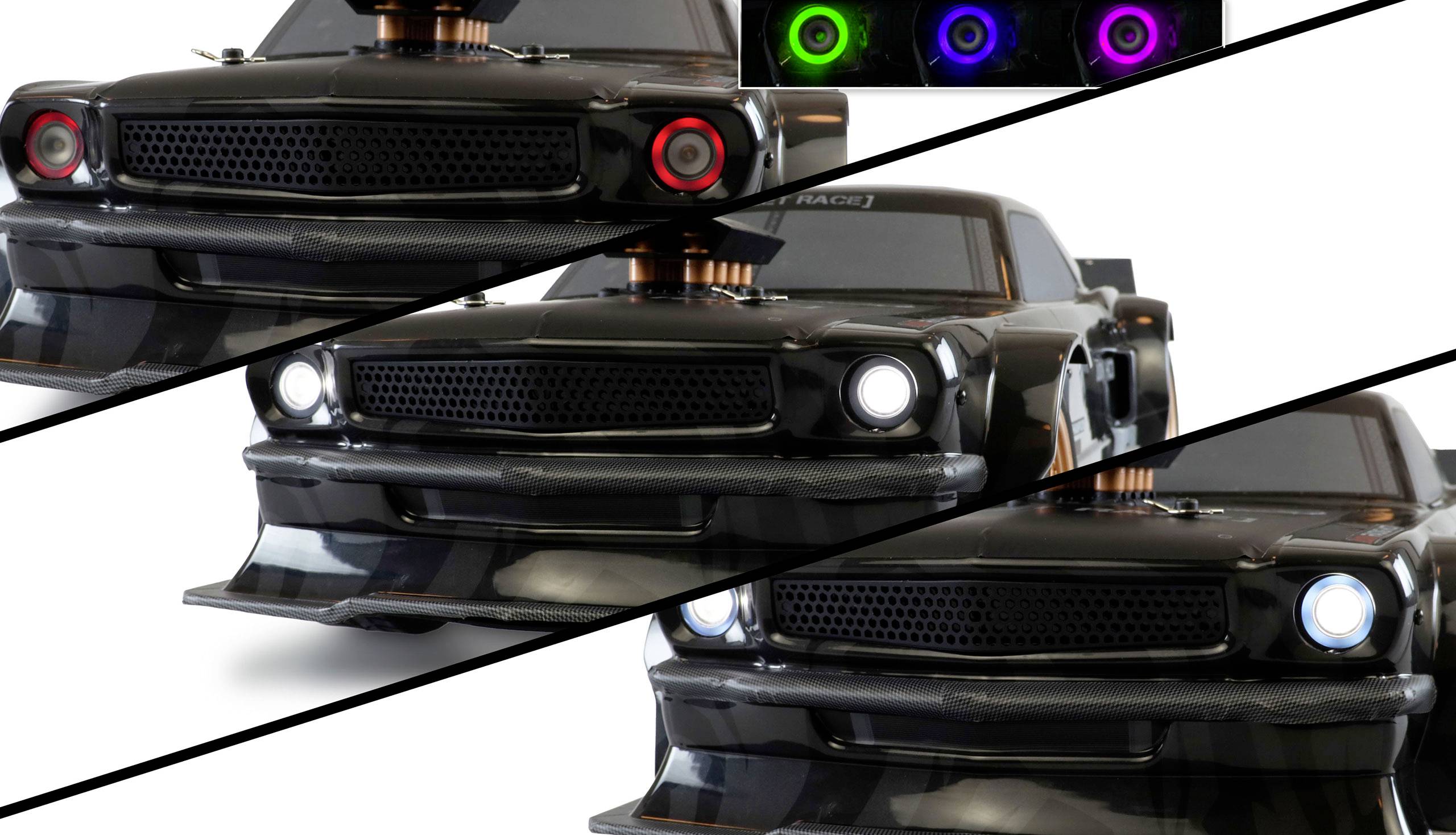 Black gloss-painted model car with LED lights in various colours: red, green, blue. Three views display the front of the car.