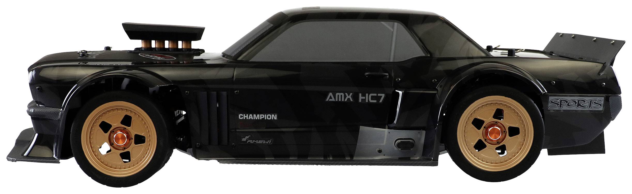 Black toy car in profile with large golden alloy wheels, visible engine on the bonnet and sporty design.