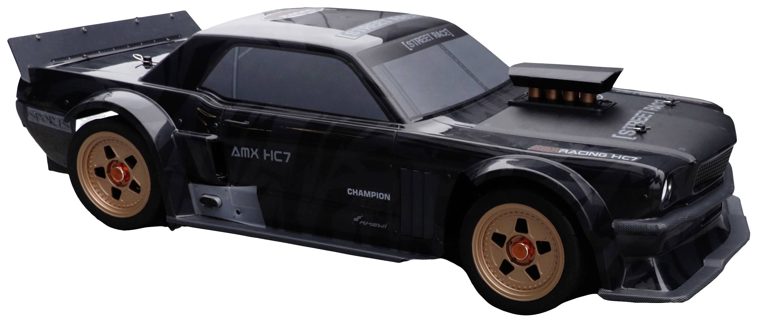 Toy car in racing car design, black bodywork with gold-coloured wheels and a prominent rear spoiler.