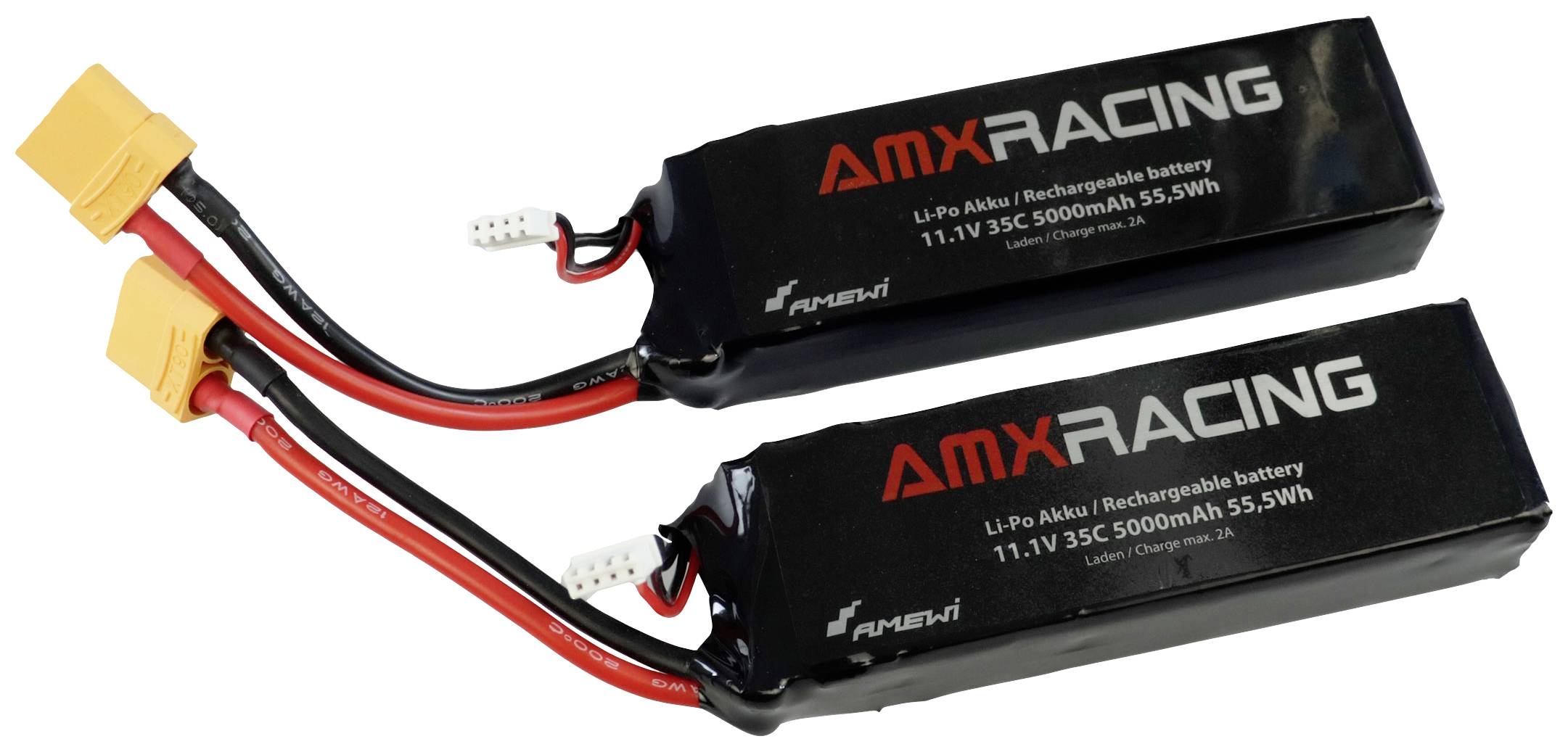 Two black, rectangular batteries from 'AMX Racing' with 11.1V and 5000mAh, each with red and black cables and white connectors.