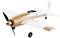 Remote-controlled model aeroplane in the design of a retro racing aircraft, made from white and copper-coloured material with US flag.