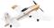 Model aircraft in white and orange with the number '77' on the wing and tail. American flag on the tail. Propeller at the front.