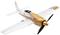 A white model aeroplane with an orange nose cone and propeller, resembling a historic fighter aircraft, is flying to the left.