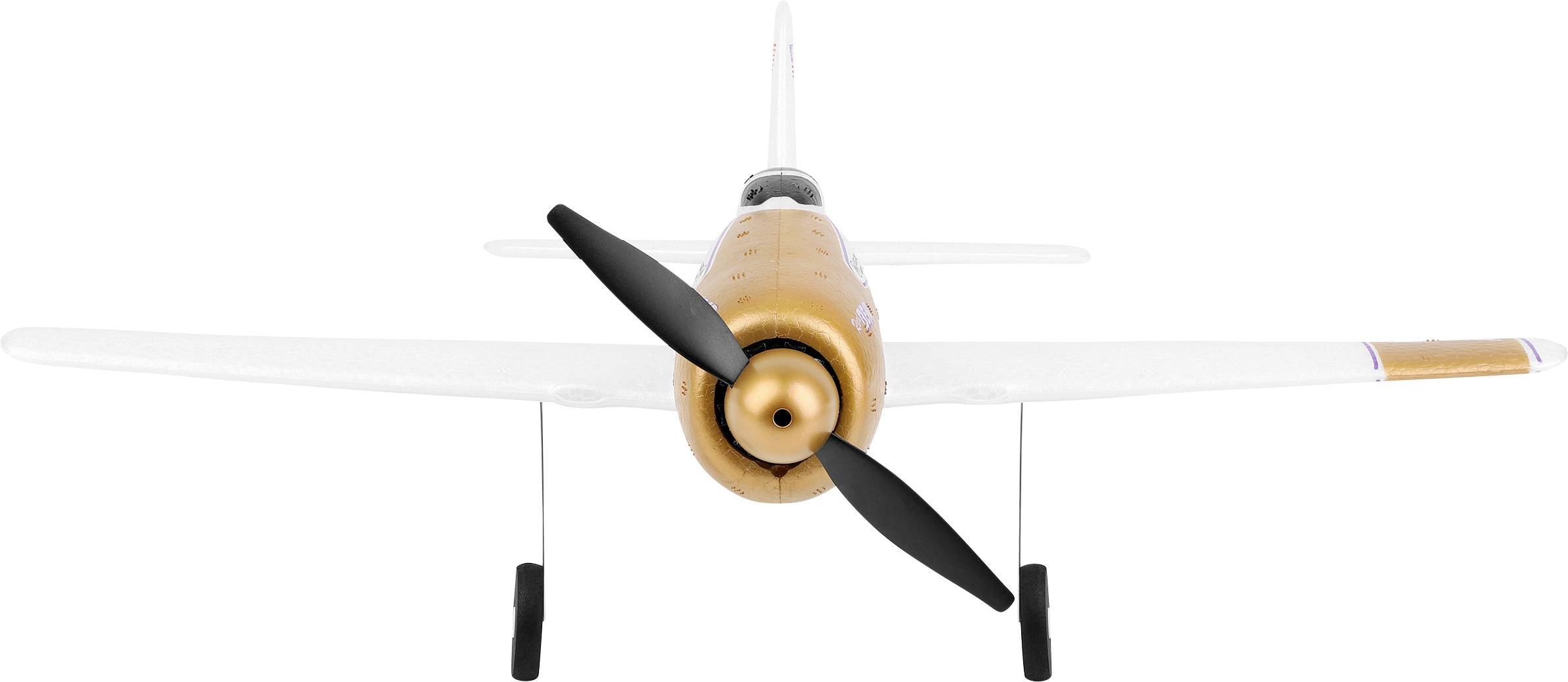 A model aeroplane with a rotating propeller, white fuselage and yellow nose section, photographed head-on from the front.