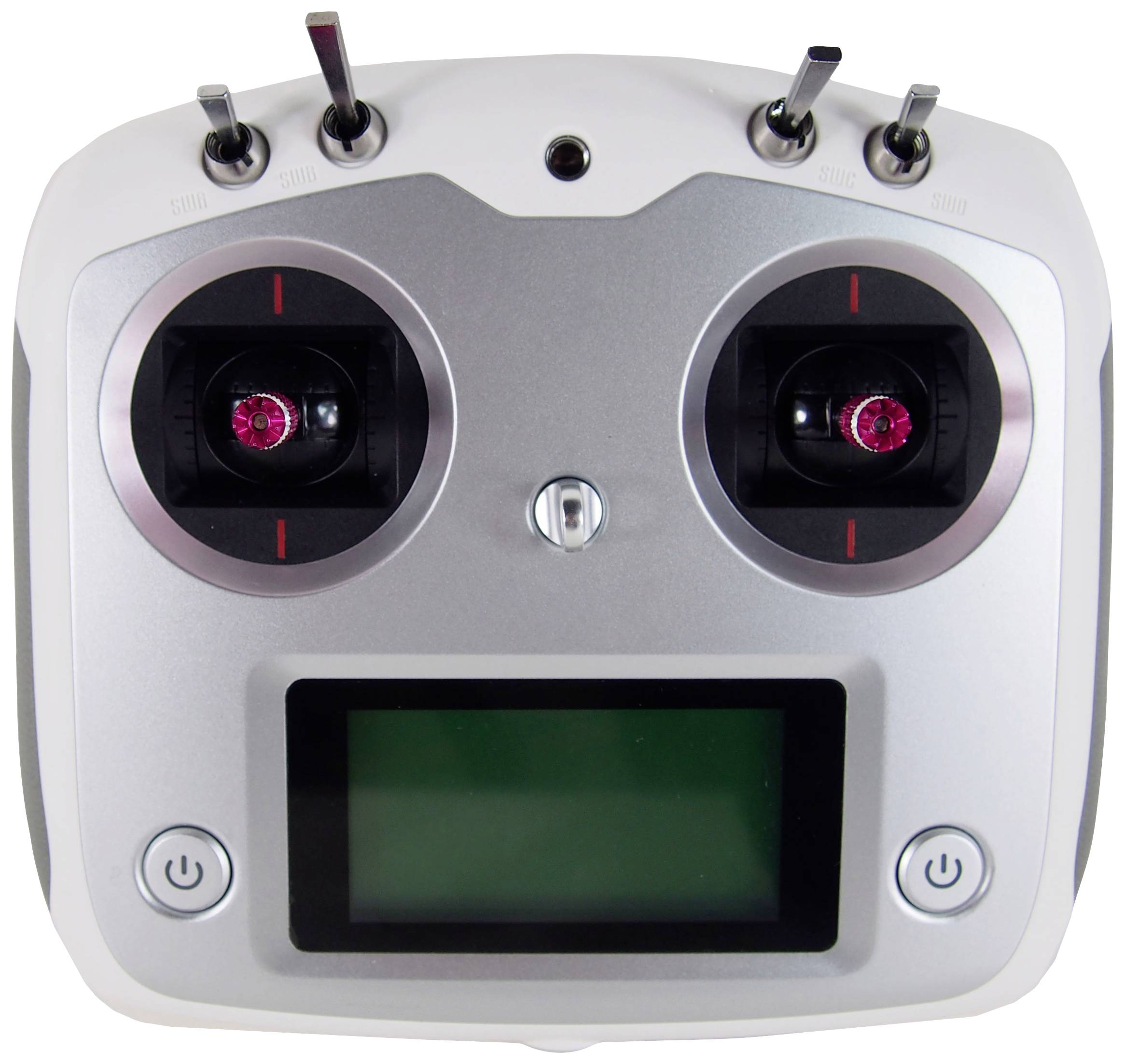Remote control for drones with two control sticks, multiple switches, and a display for showing information.