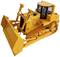A yellow bulldozer with wide tracks and a large bucket, side view.