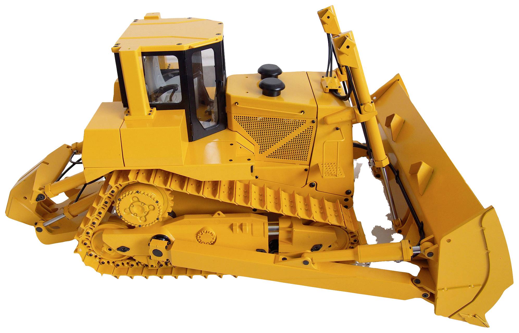 A yellow bulldozer, side view, with a distinctive shovel blade and tracked drive, suitable for construction work.